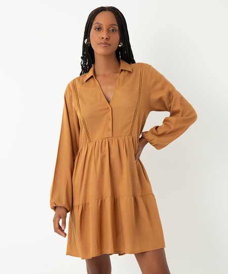 vestido com linho curto manga longa - marrom PP vestido com linho curto manga longa - marrom PP