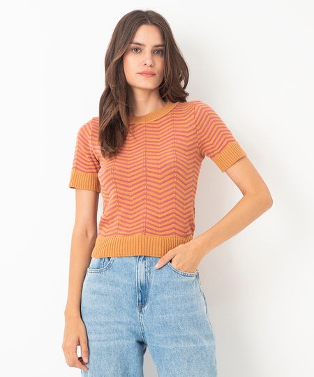 blusa de tricot manga curta chevron laranja M
