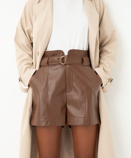 short de poliuretano cintura alta com cinto marrom 36 short de poliuretano cintura alta com cinto marrom 36