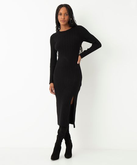 vestido de tricot midi manga longa preto PP