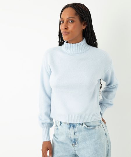 suéter de tricot básico gola alta azul P