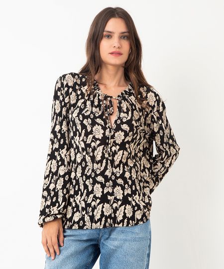 blusa manga longa floral preto P blusa manga longa floral preto P