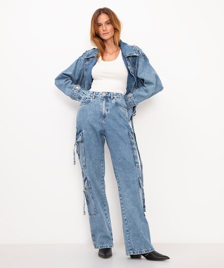 calça jeans wide leg cargo cintura alta azul 36