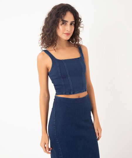 cropped jeans com recortes azul P cropped jeans com recortes azul P