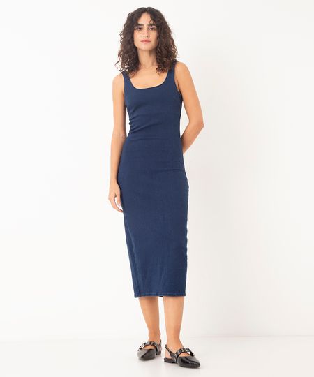 vestido jeans midi com fenda azul M