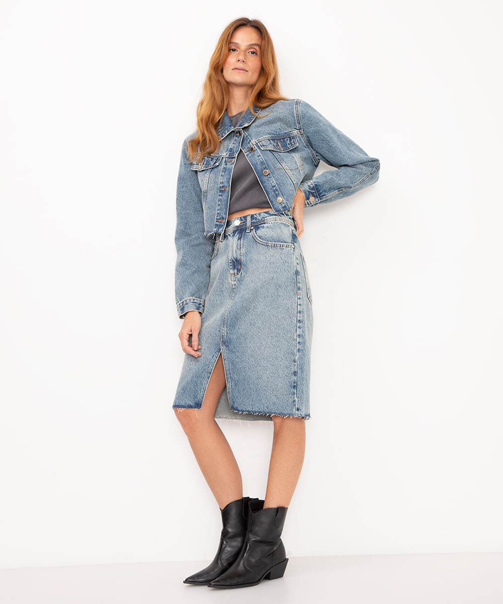 saia jeans midi com fenda cintura alta azul