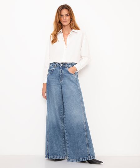 calça jeans super wide leg cintura alta com recorte azul 36