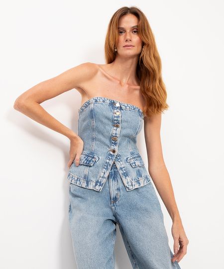corset jeans sem alça azul PP