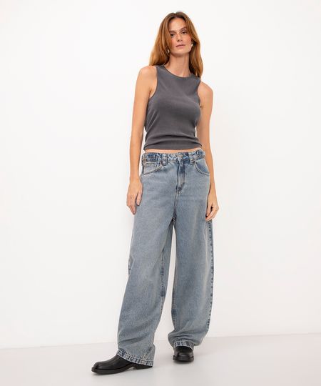 calça jeans super baggy cintura alta ajustável azul 34
