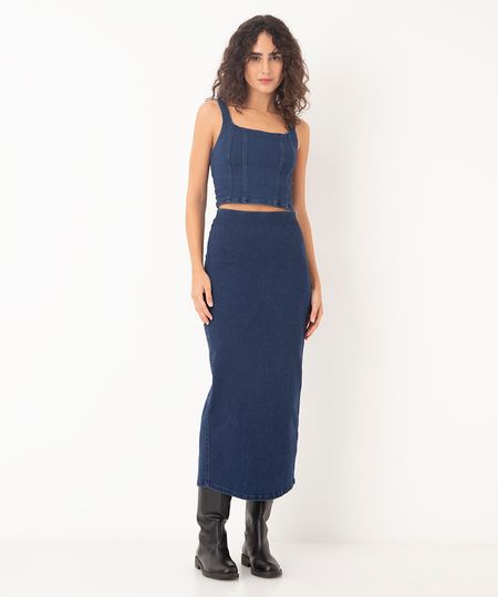 saia jeans midi cintura alta com fenda azul P