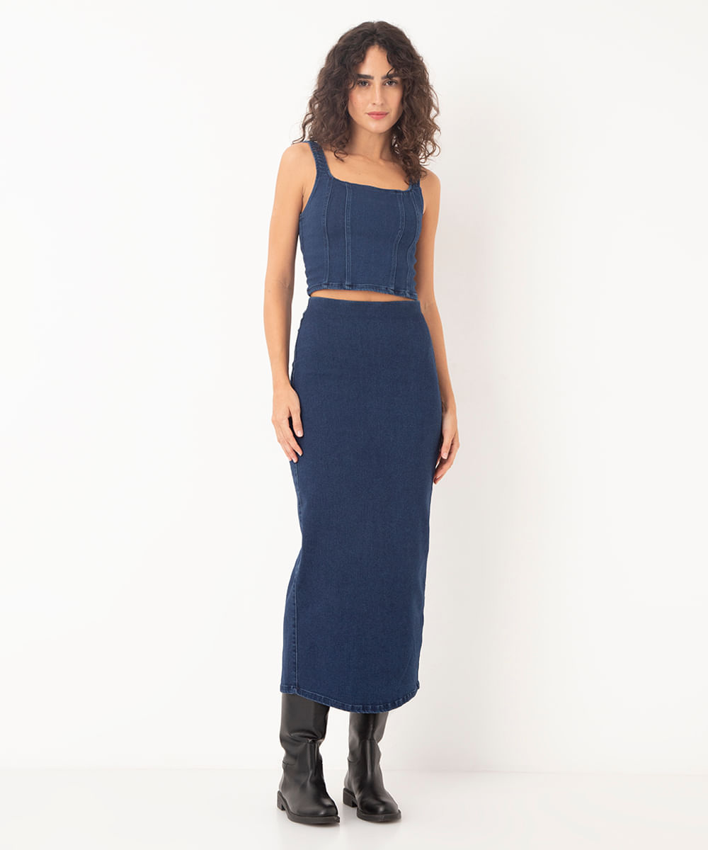 saia jeans midi cintura alta com fenda azul