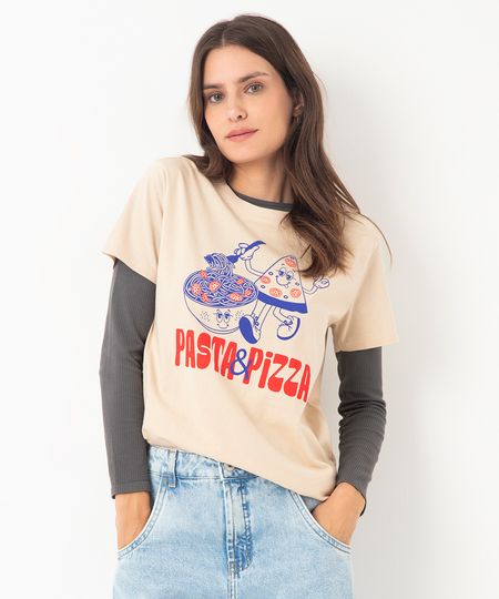 camiseta manga curta pasta e pizza bege P