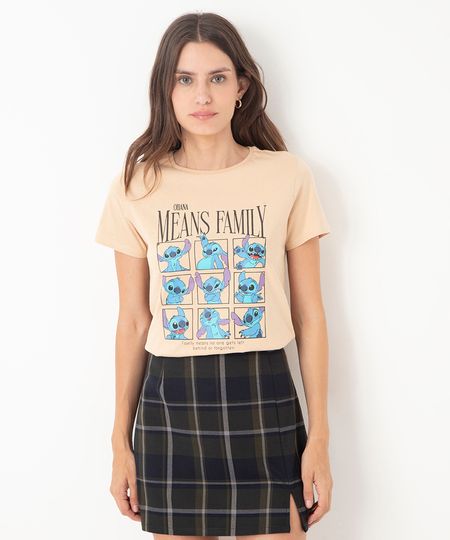 camiseta manga curta retratos stitch ohana bege P camiseta manga curta retratos stitch ohana bege P