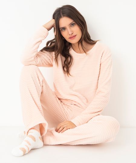 pijama de fleece texturizado longo rosa P