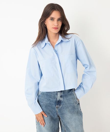 camisa cropped manga longa com bolsos azul claro P