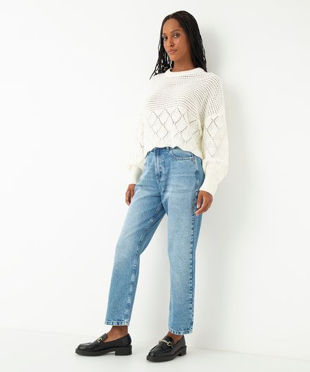 calça jeans reta cintura super alta azul 36
