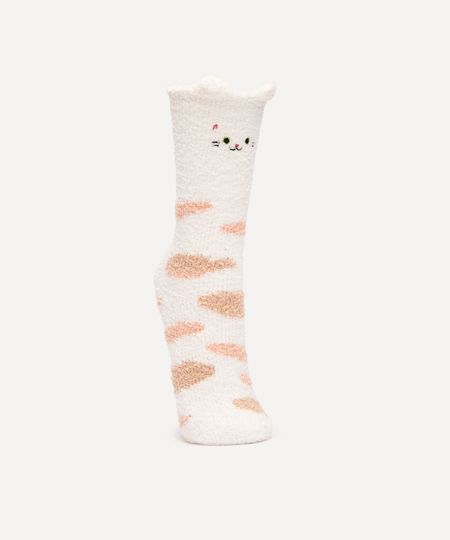 meia cano longo de chenile gatinha com orelhas off white 34-39