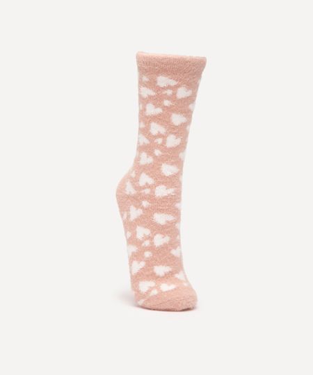 meia cano longo de chenille corações rosa 34-39