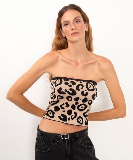 blusa de tricot sem alça animal print bege P blusa de tricot sem alça animal print bege P