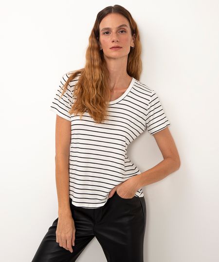 camiseta de viscose manga curta listrada off white PP camiseta de viscose manga curta listrada off white PP