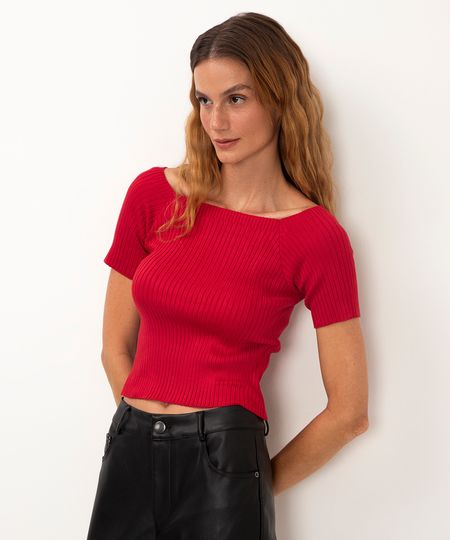 blusa de tricot cropped canelada ombro a ombro vermelho PP