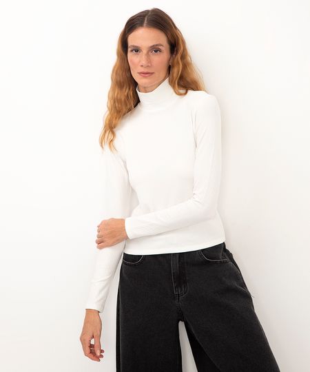 blusa de malha canelada manga longa gola alta off white P