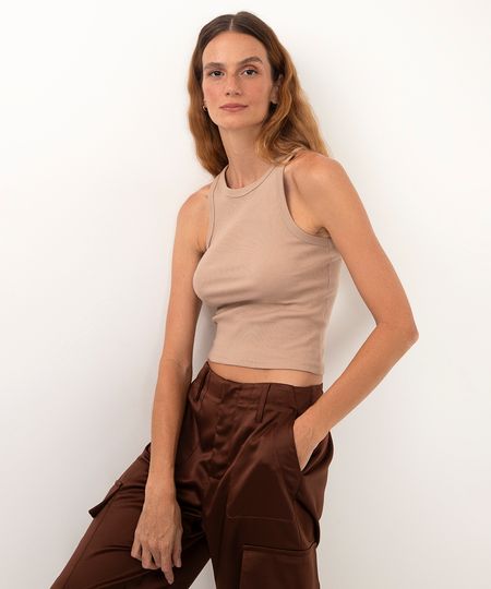 regata de algodão canelada alça média - kaki PP regata de algodão canelada alça média - kaki PP