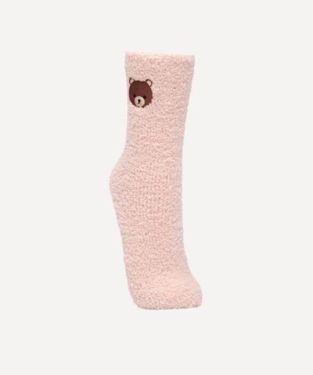 meia de chenille antiderrapante urso rosa claro 34-39