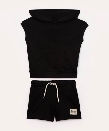 conjunto de moletinho infantil manga curta com capuz preto 3