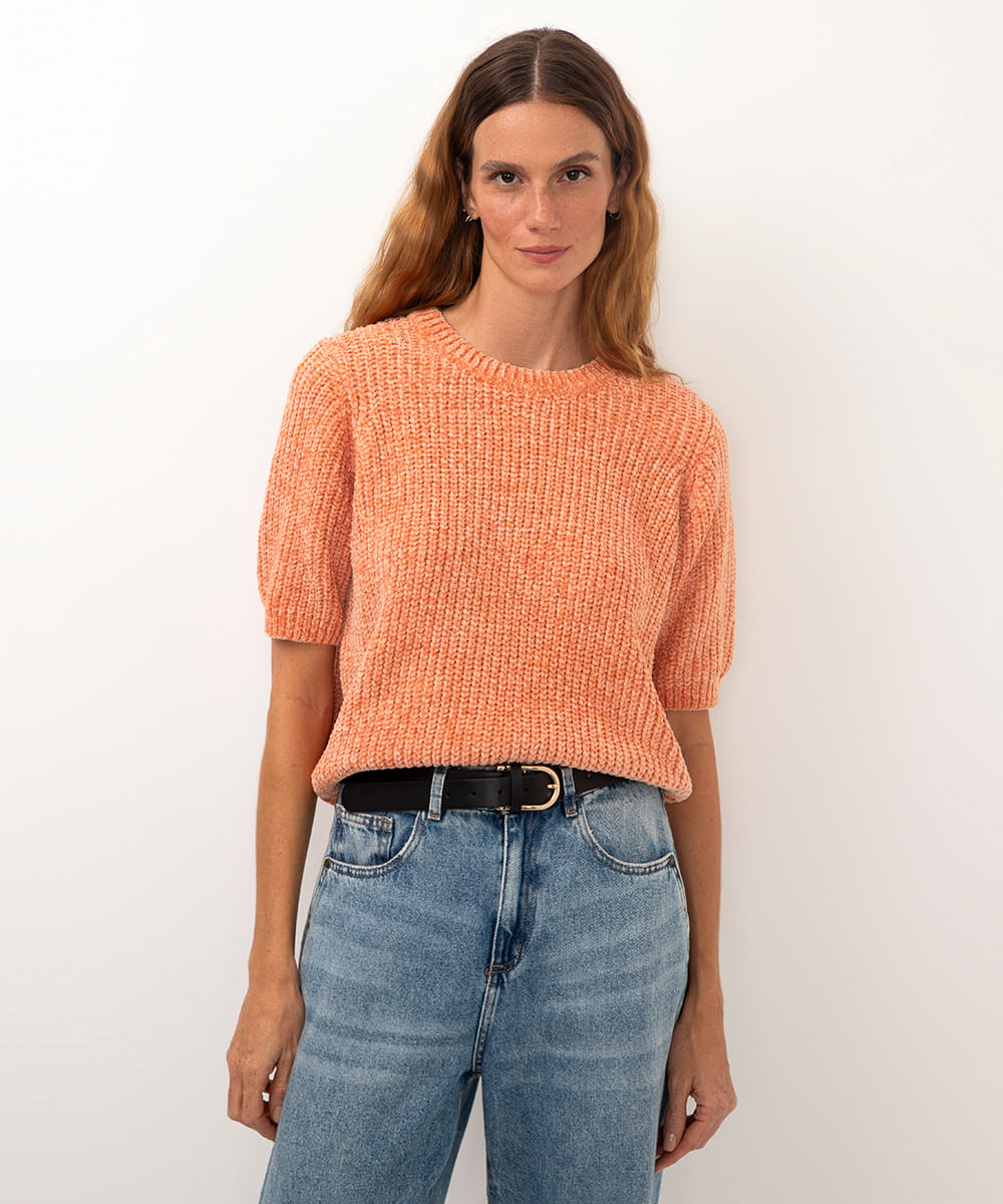 blusa cropped de tricot chenille laranja