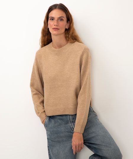 suéter básico cropped de tricô bege PP