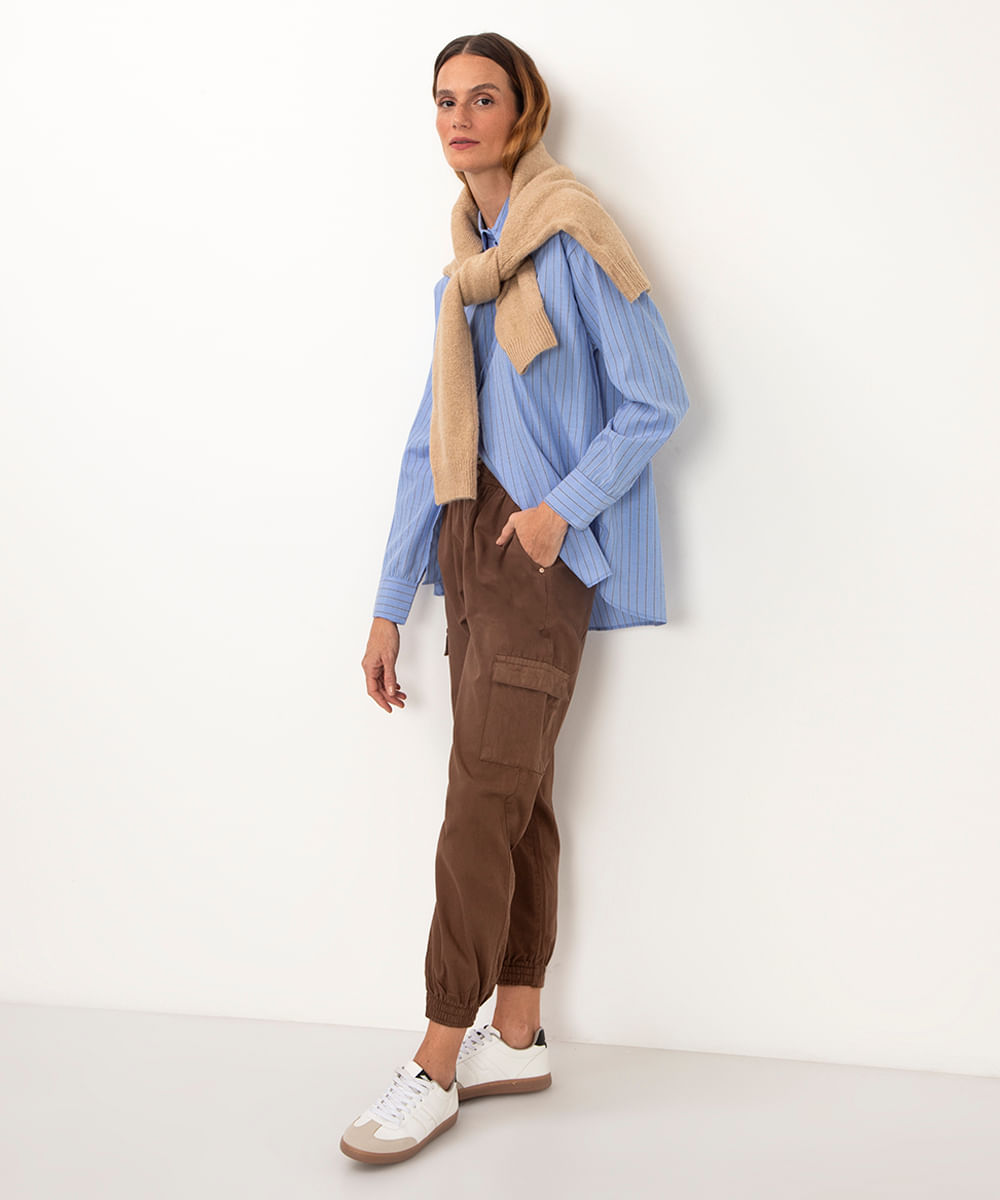 calça de sarja clochard jogger cintura alta marrom