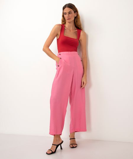 calça de viscose reta cintura alta com botões rosa 36