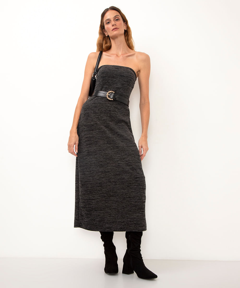 vestido midi de tricot sem alça preto