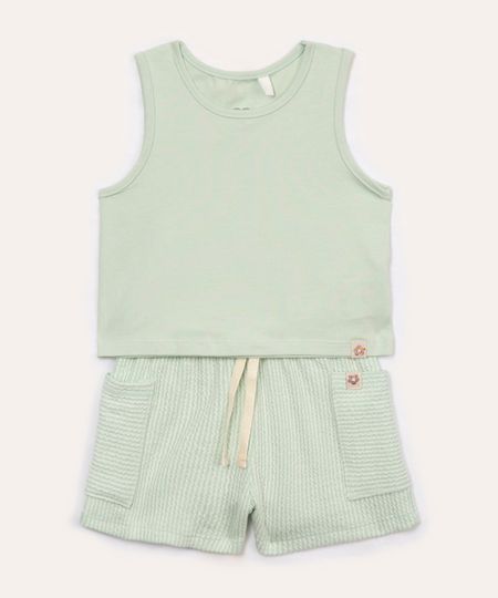 conjunto de algodão infantil com textura e bolso verde claro 3