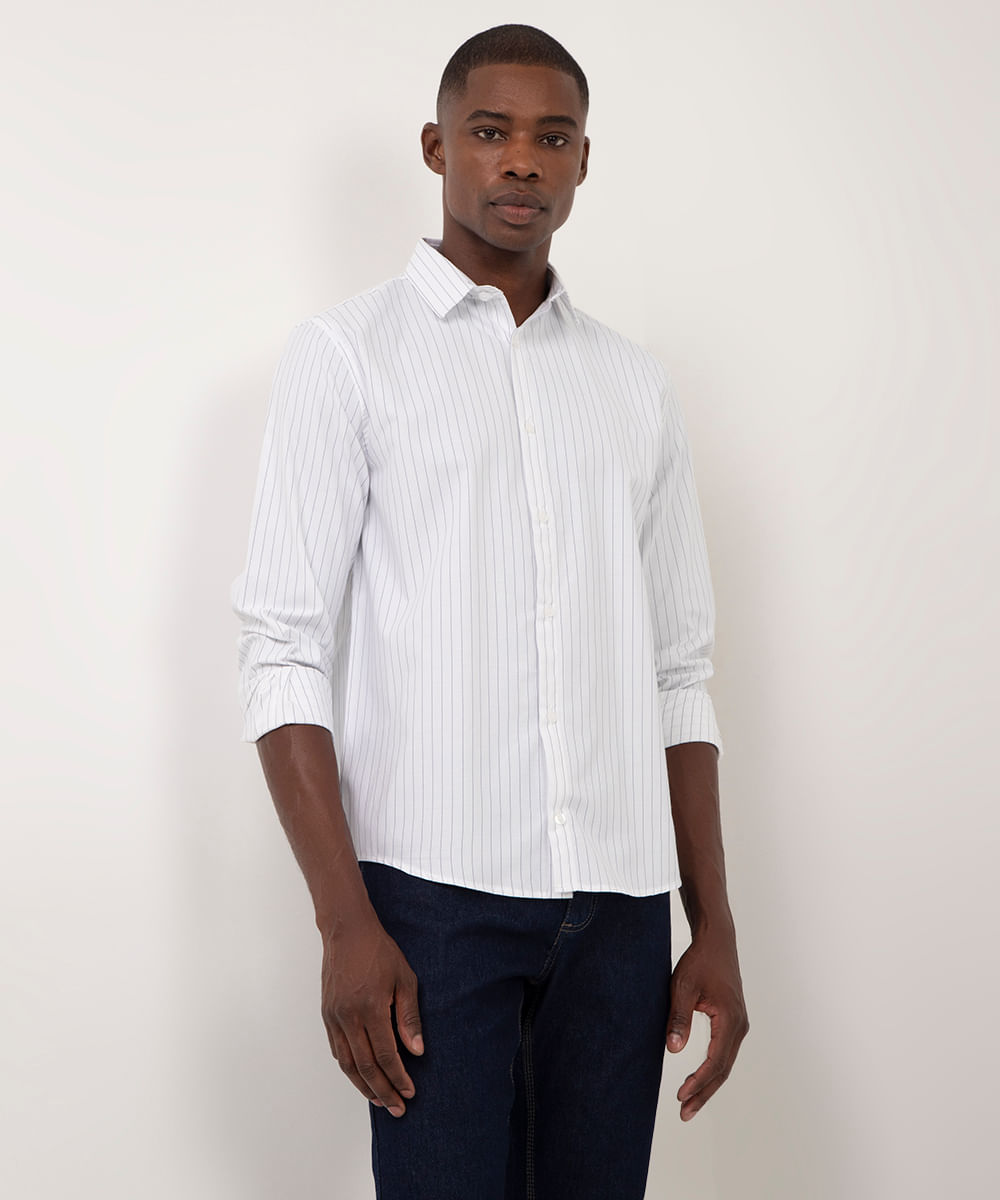 camisa de algodão comfort listrada manga longa off white