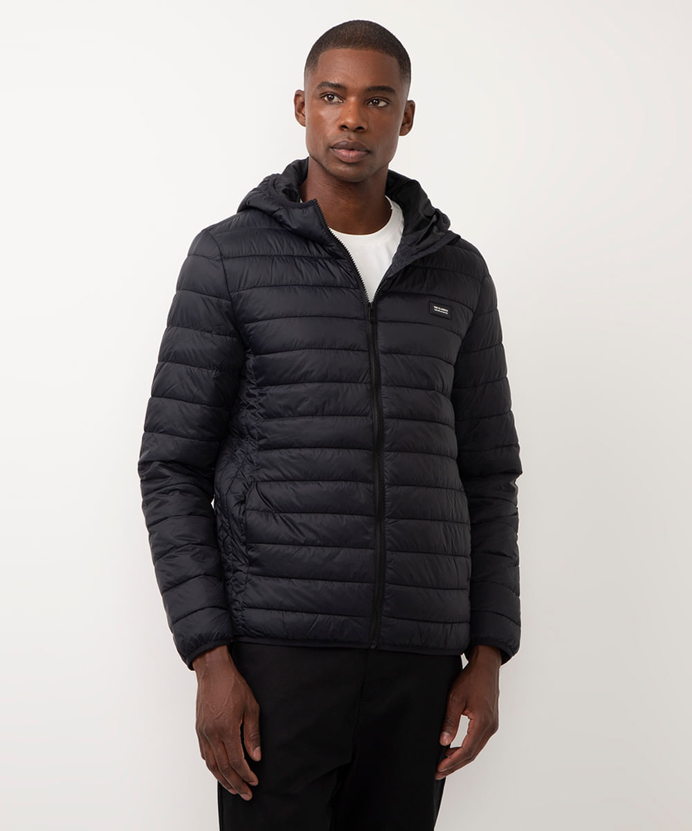 jaqueta puffer manga longa com saquinho preto