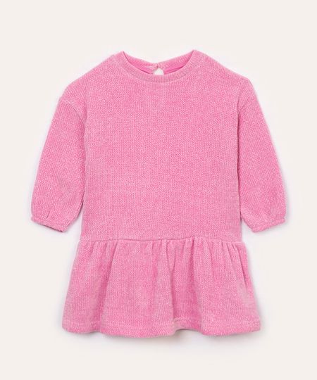 vestido de tricot chenille infantil com brilho rosa 3
