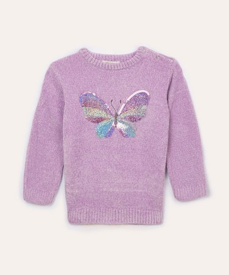 suéter de tricot chenille infantil borboleta com paetê lilás 1
