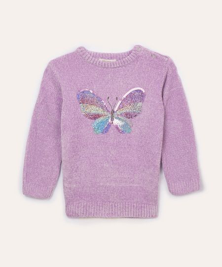 suéter de tricot chenille infantil borboleta com paetê lilás 2