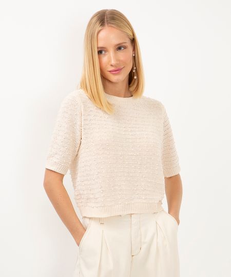 blusa cropped de tricot texturizado bege PP