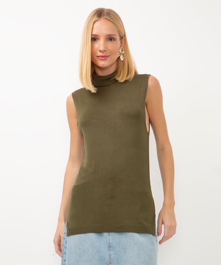 regata de tricot alongada gola alta verde militar P