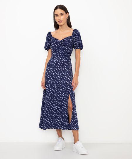 vestido midi floral manga curta bufante azul marinho PP