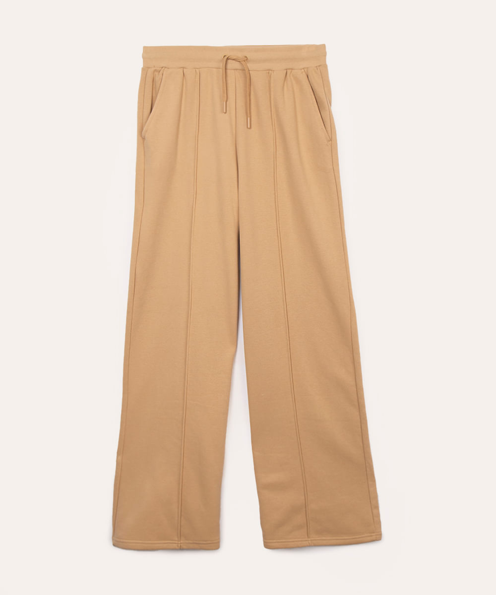 calça wide leg de moletom juvenil com cordão bege