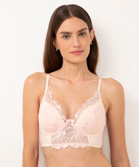 sutiã cropped meia taça com tule e bordado rosa 40