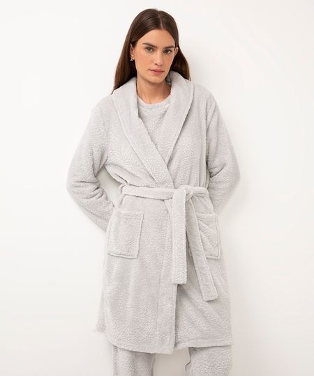 roupão de fleece com bolsos texturizado cinza PP roupão de fleece com bolsos texturizado cinza PP