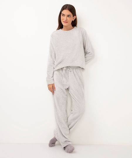 pijama longo de fleece texturizado cinza claro PP