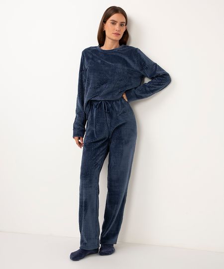 pijama de fleece manga longa texturizado azul marinho PP