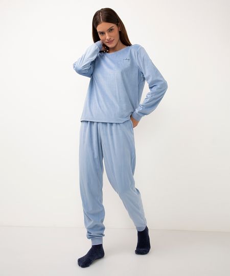 pijama de plush manga longa cozy vibes azul PP