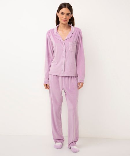 pijama americano longo de plush com bolso lilás PP